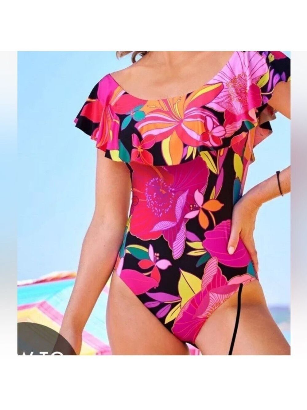 Trina Turk Solar Floral Off the Shoulder One Piece Swimsuit Preowned size 10